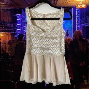 Semi-Formal Gold Neutral Tan Shimmery Glittery Peplum Sleeveless Top